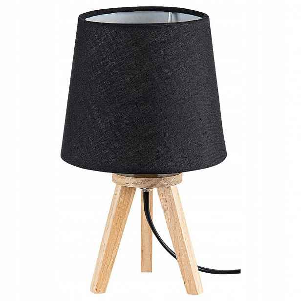 Noční lampa s dřevěnou trojnožkou a černým stínítkem