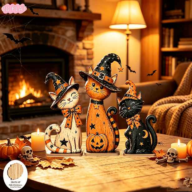 TEMU 2D plochá halloweenská čarodějnická kočka, dřevěná stolní ozdoba, sada 3 ks, retro styl , kočka s čarodějnickým kloboukem a dekorací z dýně,