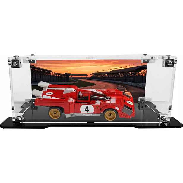 Vitrína s černou základnou a pozadím pro sadu Lego 76906 1970 Ferrari 512 M