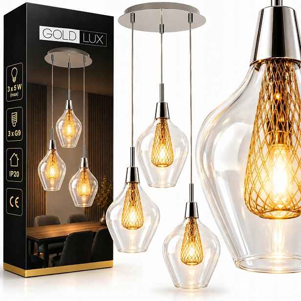 Závěsné Stropní Svítidlo Led lustr moderní do obývacího pokoje Loft 3x G9 skleněná