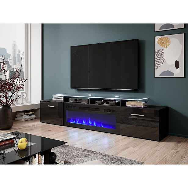 TV stolek s elektrickým krbem OKEMIA - černý / lesklý černý + LED osvětlení ZDARMA