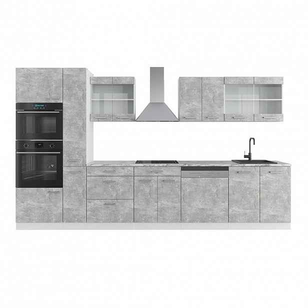 Vicco KUCHYŇSKÝ KOUT R-Line Beton/bílá 350 cm s vysokou skříní, bez pracovní desky