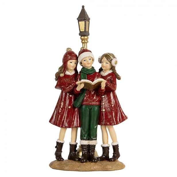 Červená vánoční dekorace zpívající sbor dívky u lampy - 14*9*28 cm Clayre & Eef