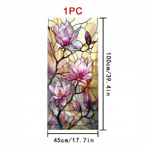 TEMU 1 Role Dekorativní Fólie ve Stylu Vitrážového Skla s Růžové Magnolie, 45×100 cm, Matný PVC Materiál, Statická Nalepovací Fólie pro