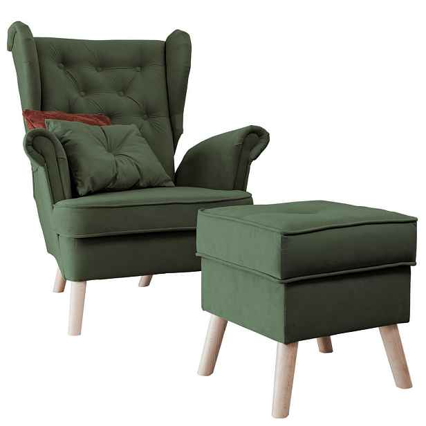 Idohome KŘESLO CLASSIC s podnožkou a bukovými nohami, zelené
