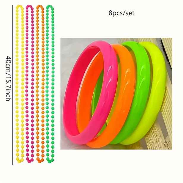 TEMU 8ks Sada Neonových Doplňků z 80. let, Plastové Náramky a Korálkový Choker, Dekorace na Narozeniny z 80.–90. let, Dekorace na Párty, Retro Párty