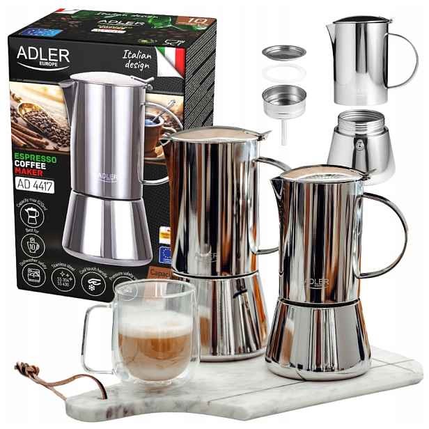 Kávovar Adler Ad 4417 620 ml Ocelová indukce Espresso Zaparovač Termoizola