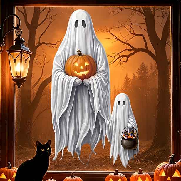 TEMU Halloweenské samolepky na okno s duchy, velké bílé duchy, dýně, košík s bonbóny, , okenní obtisky, odnímatelné strašidelné halloweenské skleněné