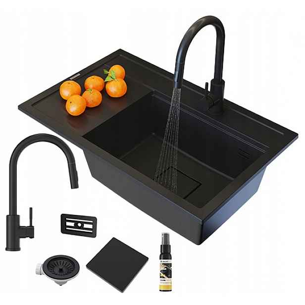 Dřez Dřez Černá Kuchyňská Baterie Moderní Set Rendo Pravá Komora
