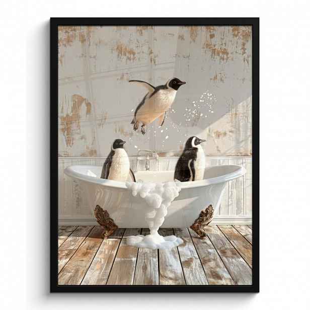 MuchoWow PLAKÁT V RÁMU Vintage - Tučňák - Vana - Pěna 60x80 cm