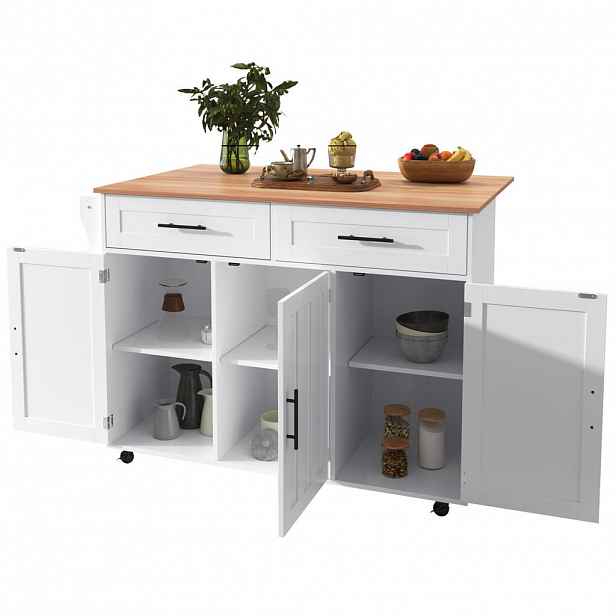 SHOPENTRA KUCHYŇSKÝ ostrůvek, bílý, 129 cm, se skládací deskou, 2 zásuvkami a kolečky