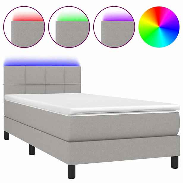 vidaXL Box spring postel s matrací a LED světle šedá 90x190 cm textil