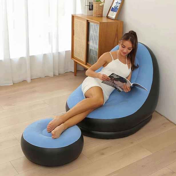 Ergonomické Nafukovací Křeslo S Podnožkou, Vločkovaná Povrchová Úprava, Modrá Barva