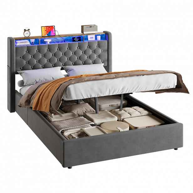 Redom ČALOUNĚNÁ postel 140x190 cm s hydraulickým lůžkovým boxem, zásuvkami, sklopným čelem postele, LED osvětlením, Šedá