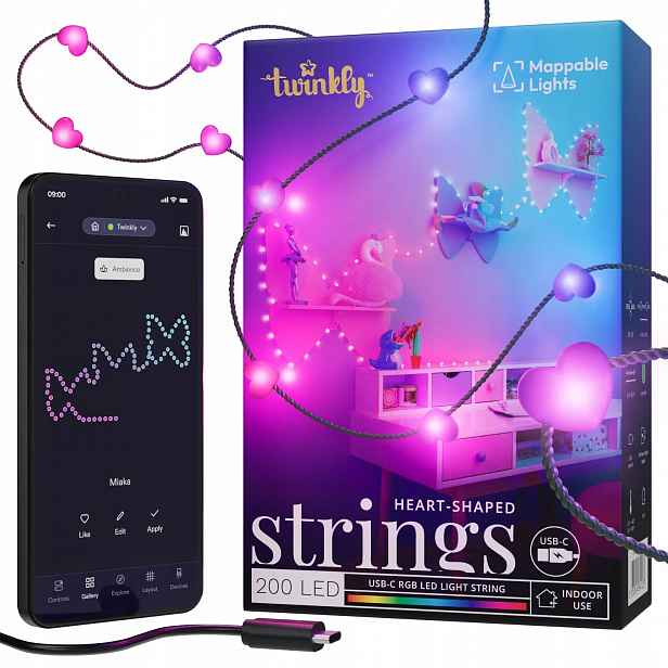 Vánoční osvětlení na stromeček Twinkly Strings Usb-c 200 Led, srdce, 12 m, zelený oplet