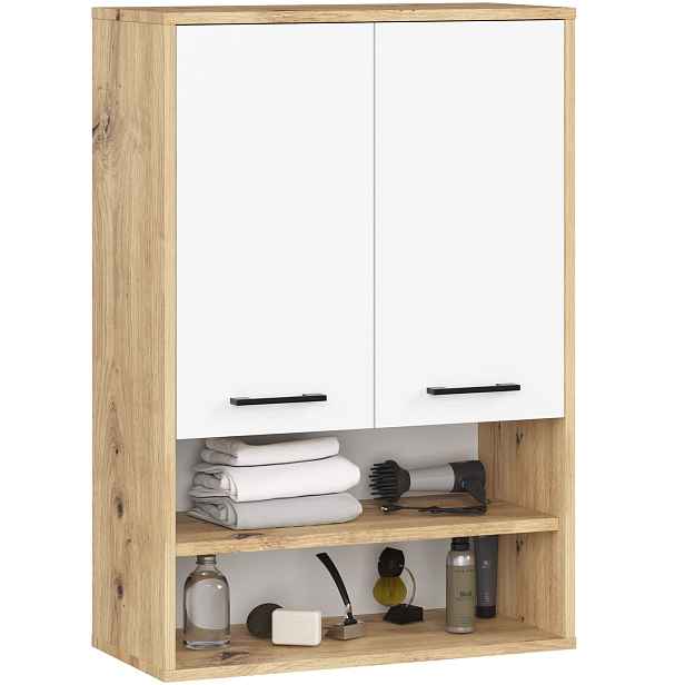 Ak furniture Závěsná koupelnová skříňka Fin W64 2D 64 cm bílá/dub artisan