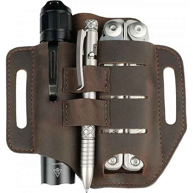 Pouzdro Na Multitool Edc Kožené 3 Kapsy Na Opasek, Hnědý Organizér