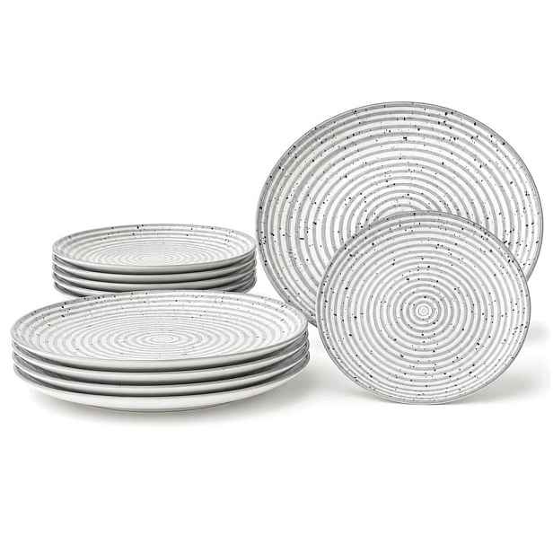 Obědové a dezertní talíře pro 6 osob, porcelánové, šedé s proužky