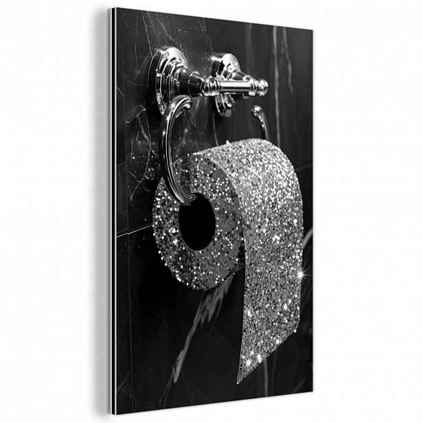 MuchoWow KOVOVÝ OBRAZ WC - Toaletní papír - Černá a bílá - Třpytky 60x90 cm
