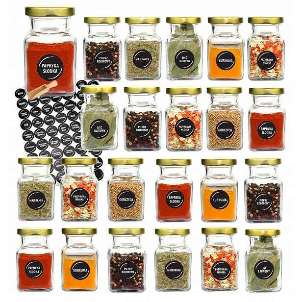 Sklenice na koření 150 ml x 23 ks se zlatým uzávěrem, 90 štítků, lopata