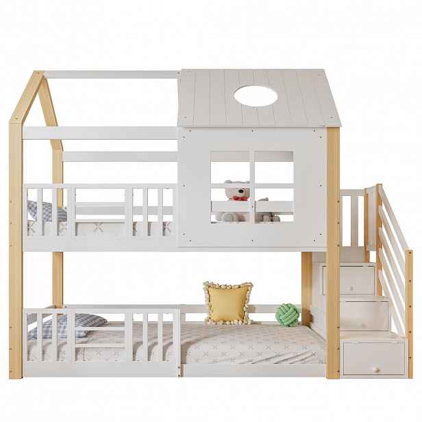 CHICFURN PATROVÁ POSTEL 90/200 cm v bílé a přírodní barvě se schůdky a úložným prostorem
