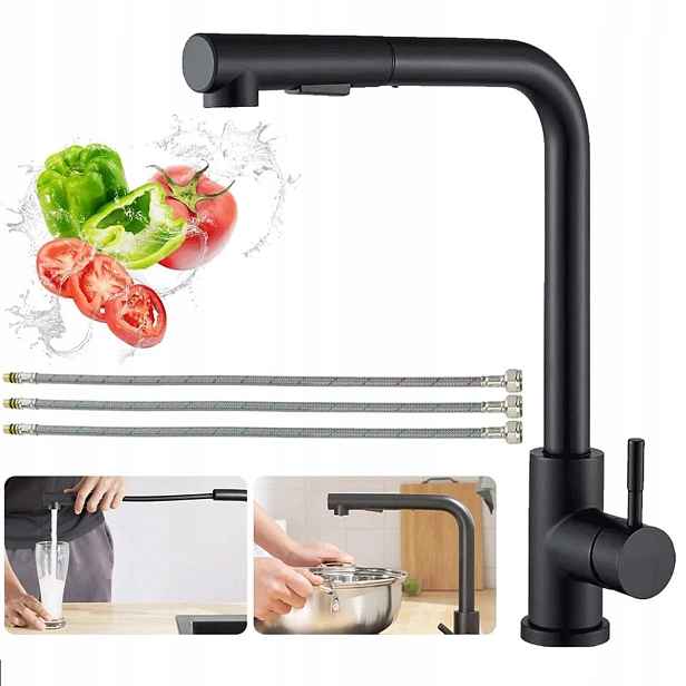 Černá výsuvná dřezová baterie 270 mm, dva režimy proudu, keramika