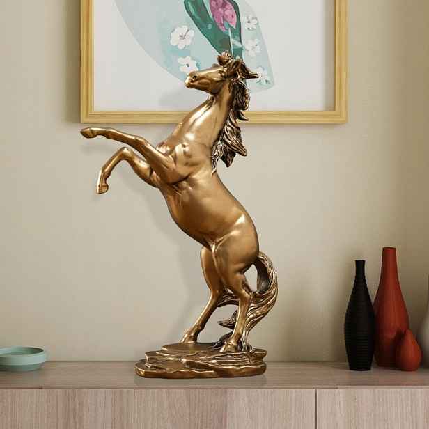 Figurka stojícího dubového koně 29,5 cm, zlatá, dekorace do domu, Pvc