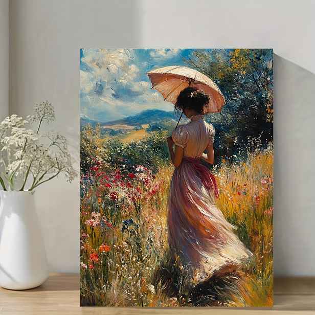TEMU 2D Plochý, Vintage Plátno na Zeď - 11.75"x15.7" Dřevěný Rám s Malbou, Žena se Slunečníkem v Zahradní Scéně, Pobřežní Bohémský Art Deco Styl,