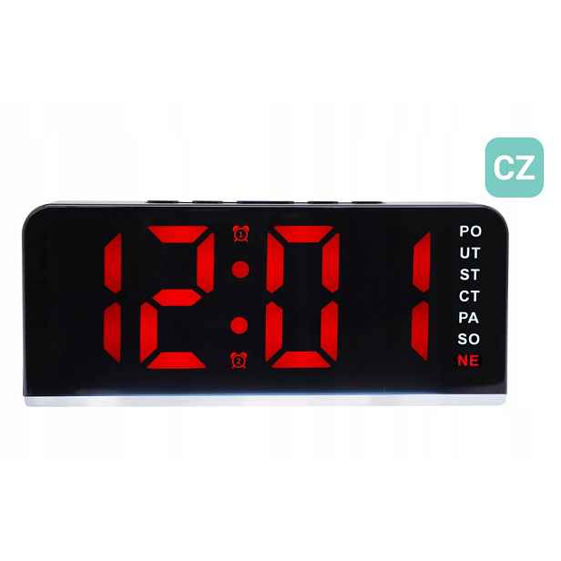Červený Budík Led Jvd SB80333 Teploměr Podsvícení Dnů V Češtině