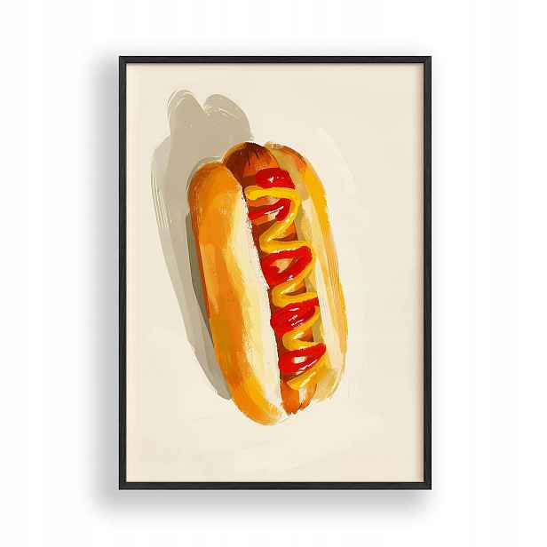 Obraz Hot Dog Fast Food Plakát Rámeček Dřevěný Černý 30x42 cm