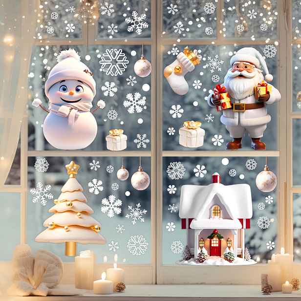 TEMU 113 ks balení 4 listů vánočních samolepek Santa Claus Sněhulák Sněhová vločka Samolepky na okna Statické odstranitelné samolepky na dveře