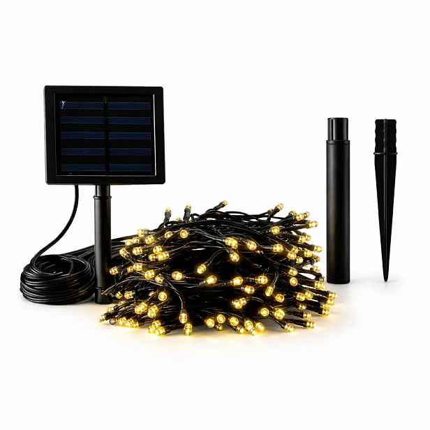 LED venkovní solární světýlka na zahradu, 20 m, teple bílá, 200 diod, černý kabel, IP44, solární panel