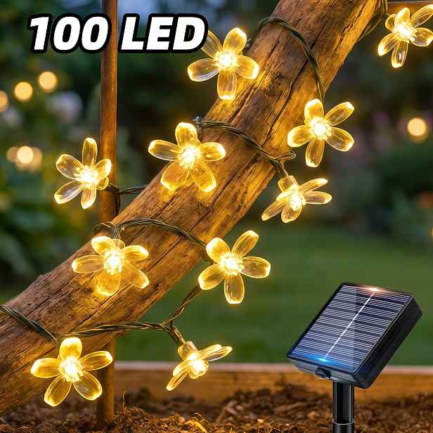 TEMU /100 LED solární pohádkové světelné řetězy, křišťálové třešňové květy, 12 režimů blikání, chytrý senzor pro sváteční dvůr, zahradu, plot, balkon
