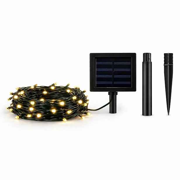 LED venkovní solární světýlka na zahradu, 10 m, teple bílá, 100 diod, černý kabel, IP44, solární panel