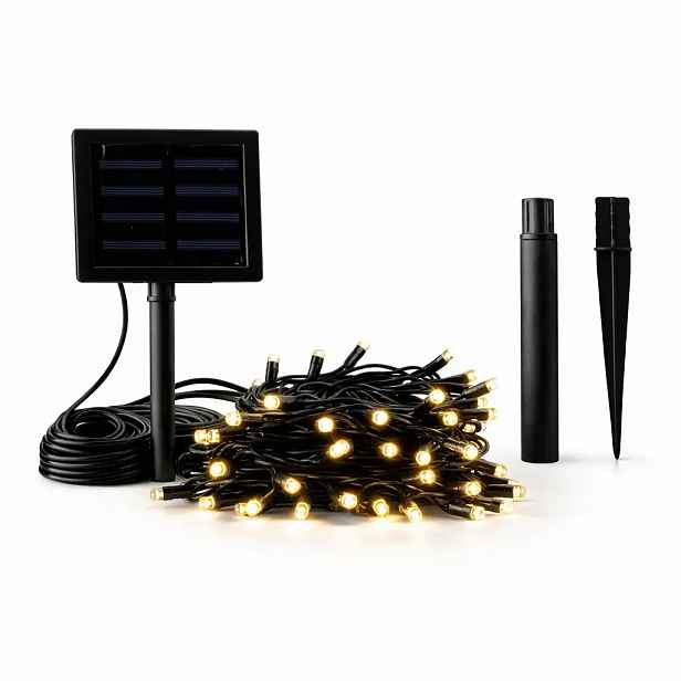 LED venkovní solární světýlka na zahradu, 5 m, teple bílá, 50 diod, černý kabel, IP44, solární panel