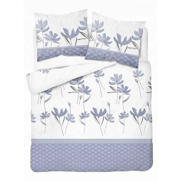 Povlečení Home Satin 220x200 bílé s levandulovými květy, ozdobný pás