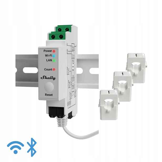 Shelly Pro 3EM 120 A, měřič spotřeby energie se 3 svorkami 120 A, WiFi, Lan