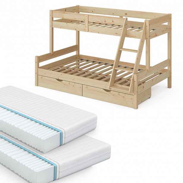 VitaliSpa PATROVÁ POSTEL Everest Přírodní dřevo 120x200 / 80x200 cm se 2 matracemi a 2 zásuvkami