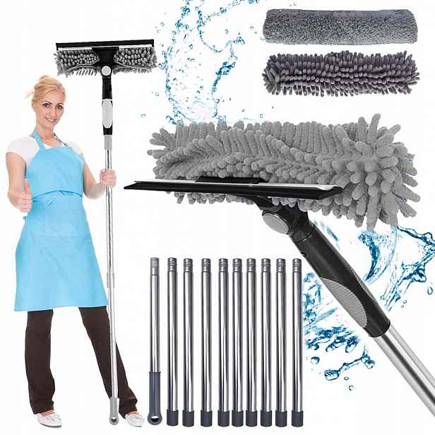 Mop Na Okna 2V1 Škrabka S Gumou Mikrovlákno 424 CM Teleskopický Kartáč