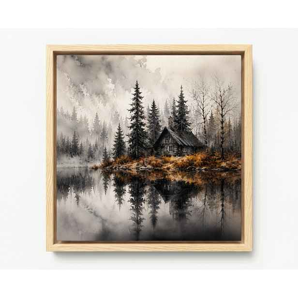 Obraz Rám Americký Box Les Stromy Jezero Chata Mlha Podzim Šedá 50x50