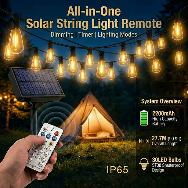 TEMU 15/30 LED solární řetěz s dálkovým ovládáním, 13,5M/27,7M ST38 nerozbitné žárovky, IP65, 2200mAh, 8 režimů svícení s funkcí časovače, teplá bílá