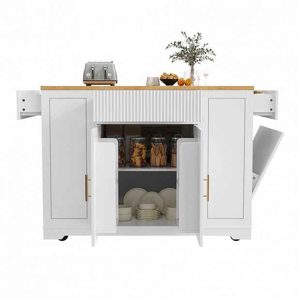 Modfu KUCHYŇSKÝ ostrůvek z MDF a kovu 120x50x92 cm bílý s kolečky, prostorem na odpad a 3 zásuvkami