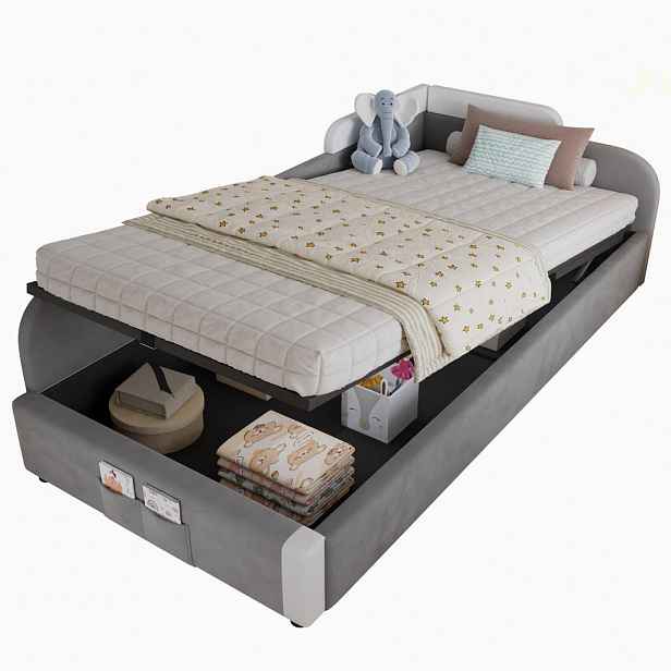 CHICFURN DĚTSKÁ POSTEL 90/200 cm v bílé a šedé barvě s úložným prostorem a sametovým čalouněním
