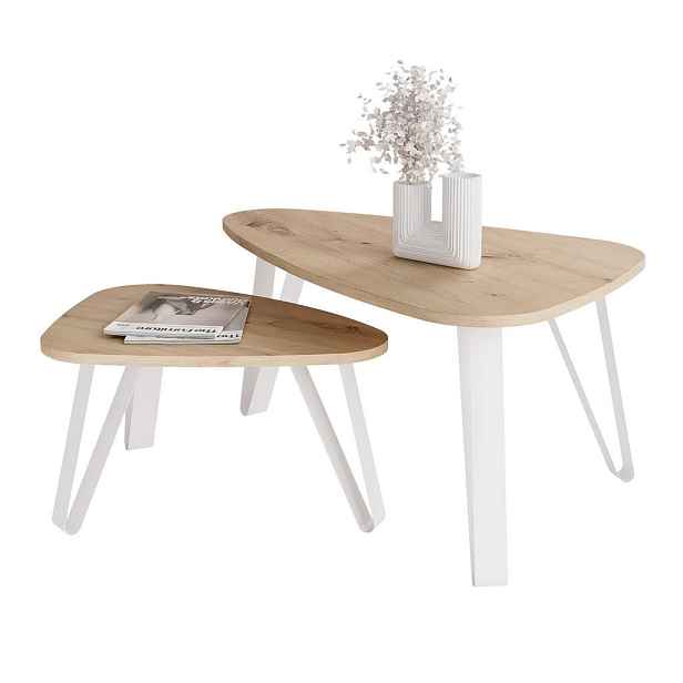 Idohome SADA ODKLÁDACÍCH STOLKŮ NOA ocelová konstrukce, organický tvar, bílé / dub Artisan