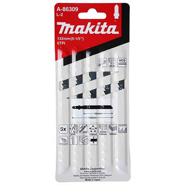 Makita - Sada pilových plátků 6 TPI, délka 132 mm, 5 ks A-86309