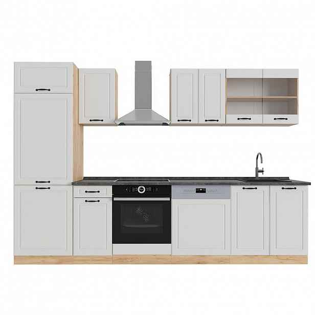 Vicco KUCHYŇSKÝ KOUT R-Line Bílý venkovský dům/zlatý dub 300 cm , PD Antracit