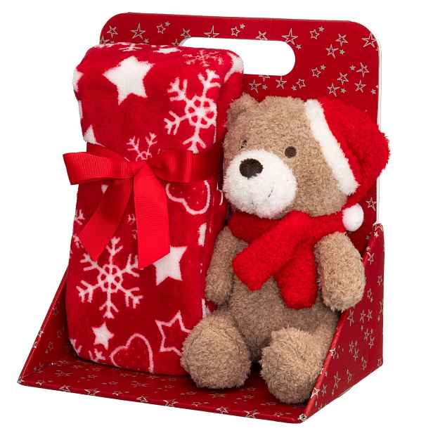 Deka S Plyšovou Maskotkou Medvídek Srolovaný 15X26X28 CM Červená Polyester