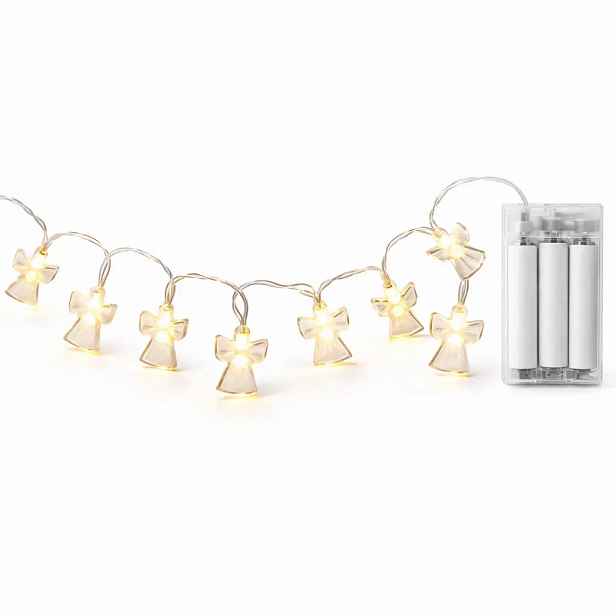 LED světýlka na baterie, akryloví andílci, 1,5 m, teple bílá, 10 diod, čirý kabel, IP20 interiér, 2 × AA