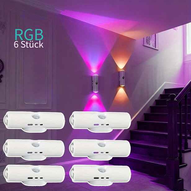 TEMU 6ks balení LED svítidlo s pohybovým čidlem do interiéru, design kočičího oka s dvojitou hlavou, 3barevné nastavitelné/RGB osvětlení, USB