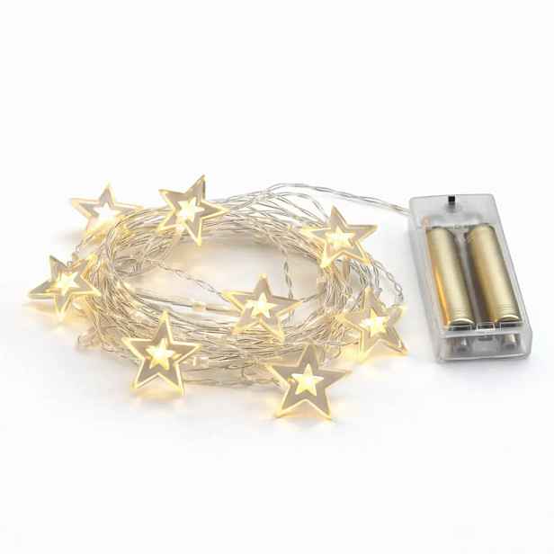 LED světýlka na baterie, akrylové hvězdičky, 1,5 m, teple bílá, 10 diod, čirý kabel, IP20 interiér, 2× AA